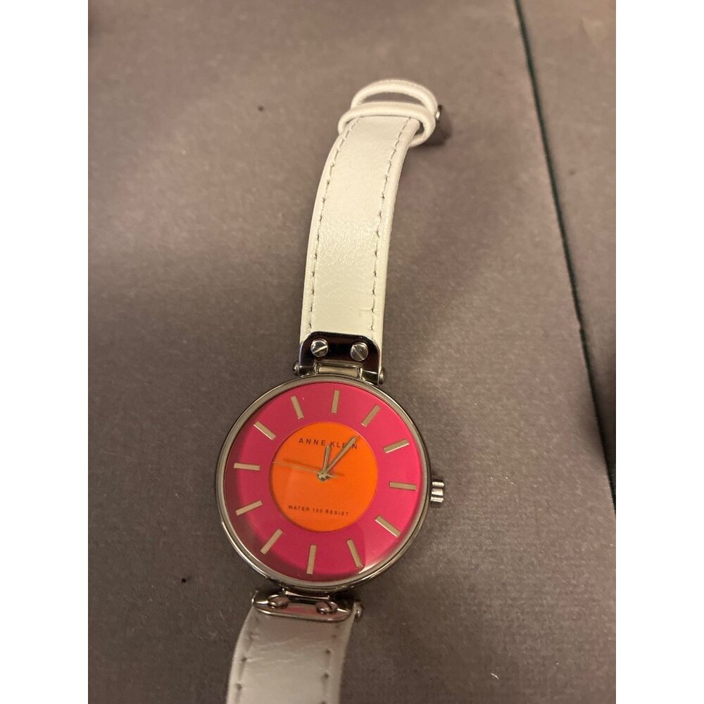 Anne Klein Stainless Steel Quartz Womens Watch  White Leather Band  Pink-Orange - Picture 4 of 8